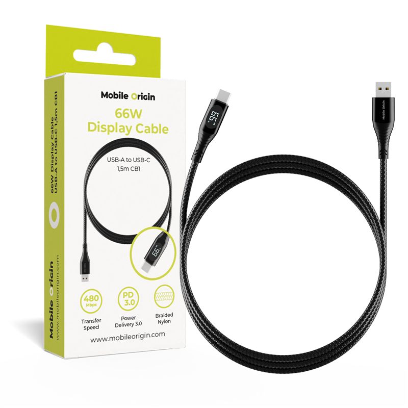Cablu de date si incarcare Mobile Origin USB-A la USB-C 66W 1.5m cu afisaj